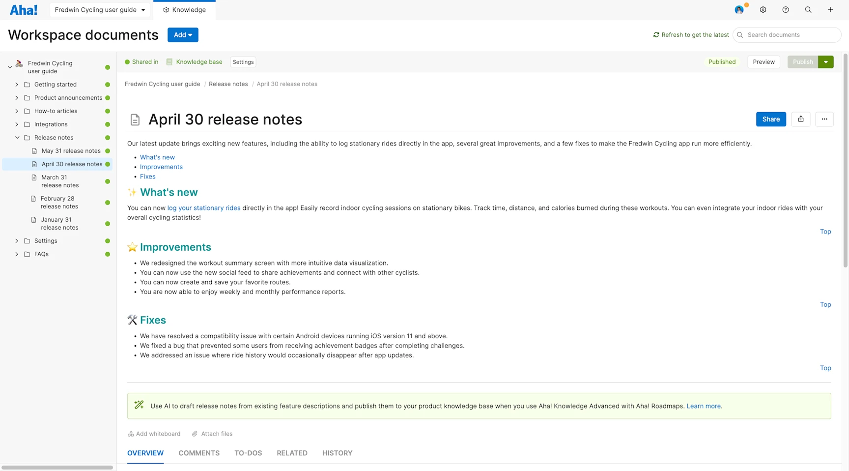 Aha! software use case — Generate release notes
