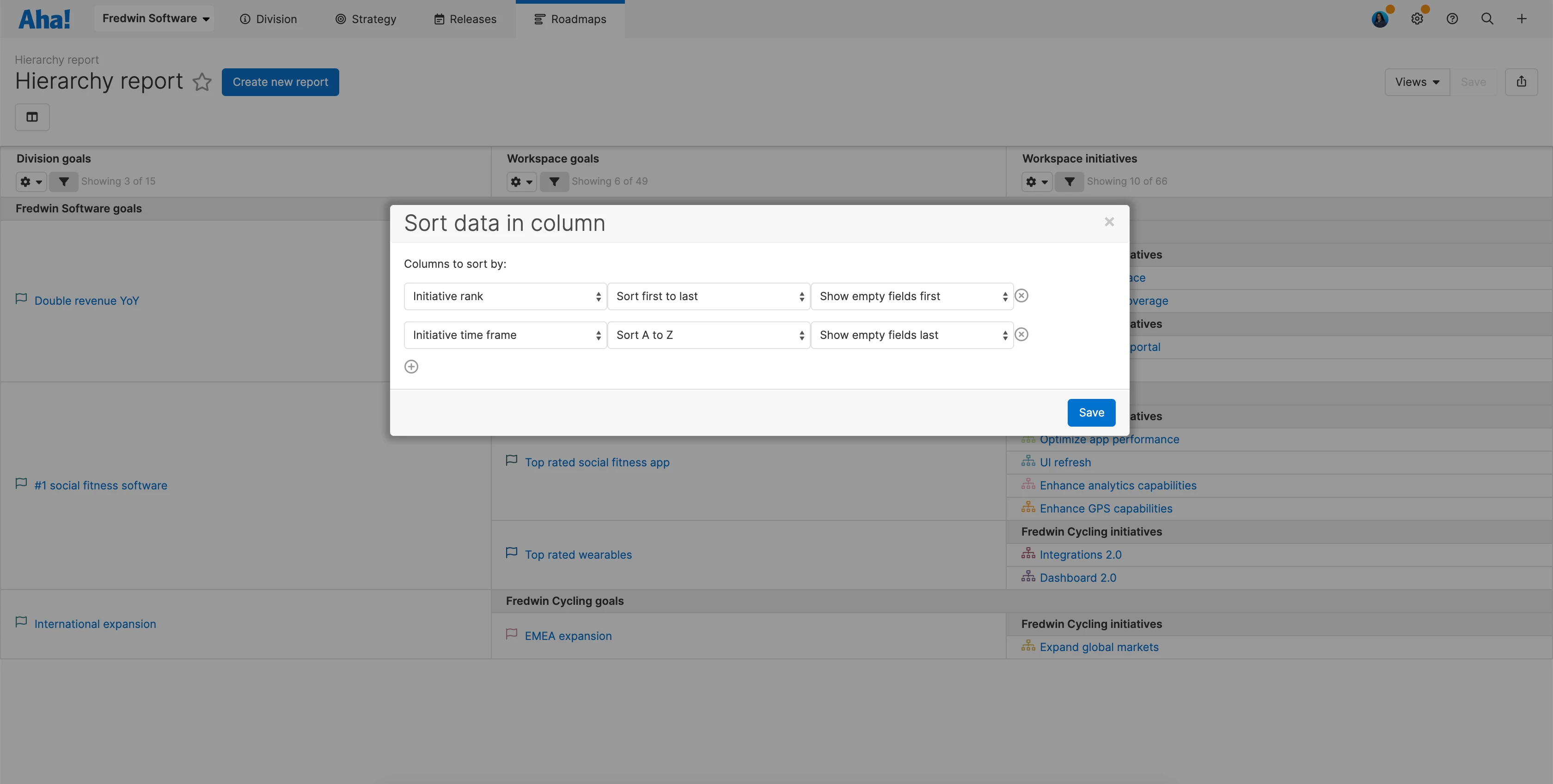 Hierarchy report in Aha! Roadmaps with the sort data modal. 