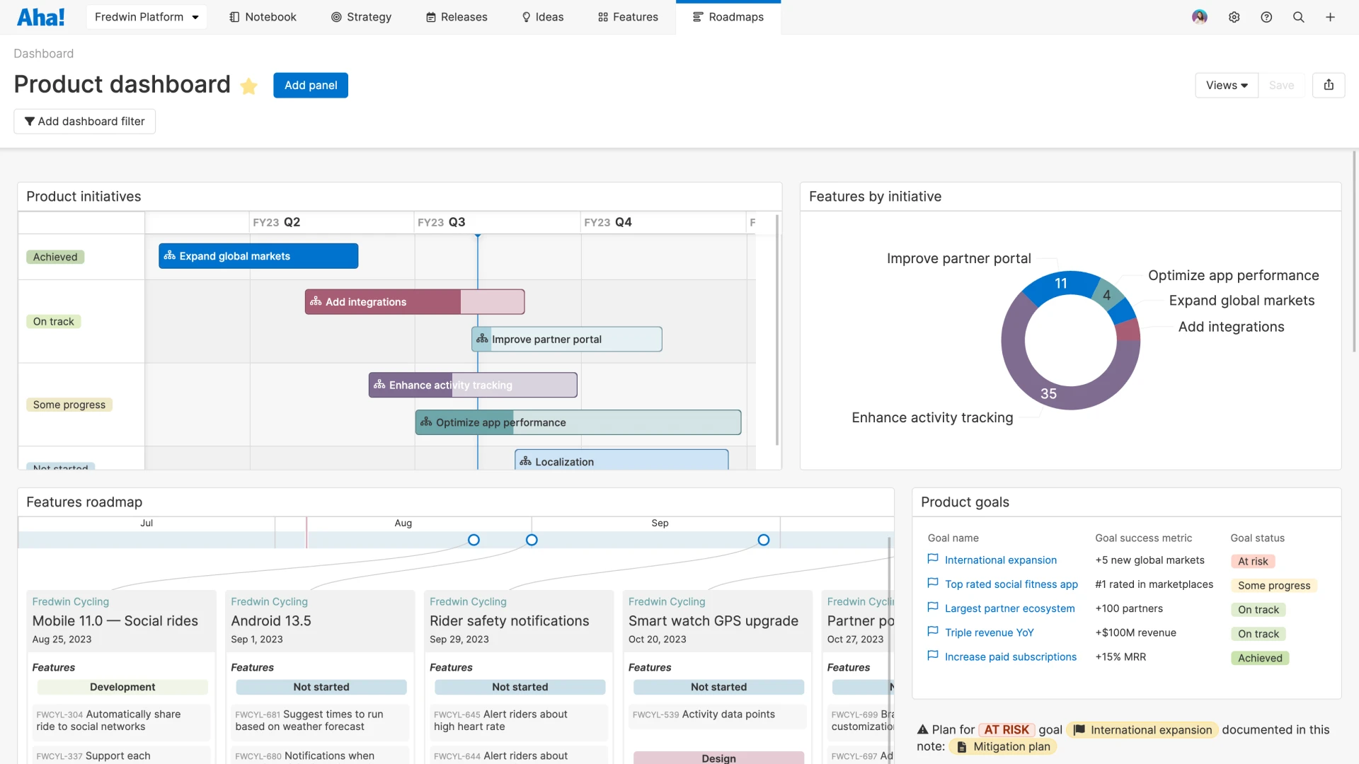 A product dashboard in Aha! software