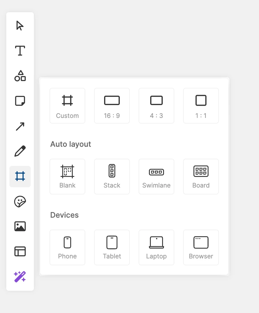 an image of the whiteboards toolbar with the frames menu open, showing regular frame options, auto layout options, and devices options