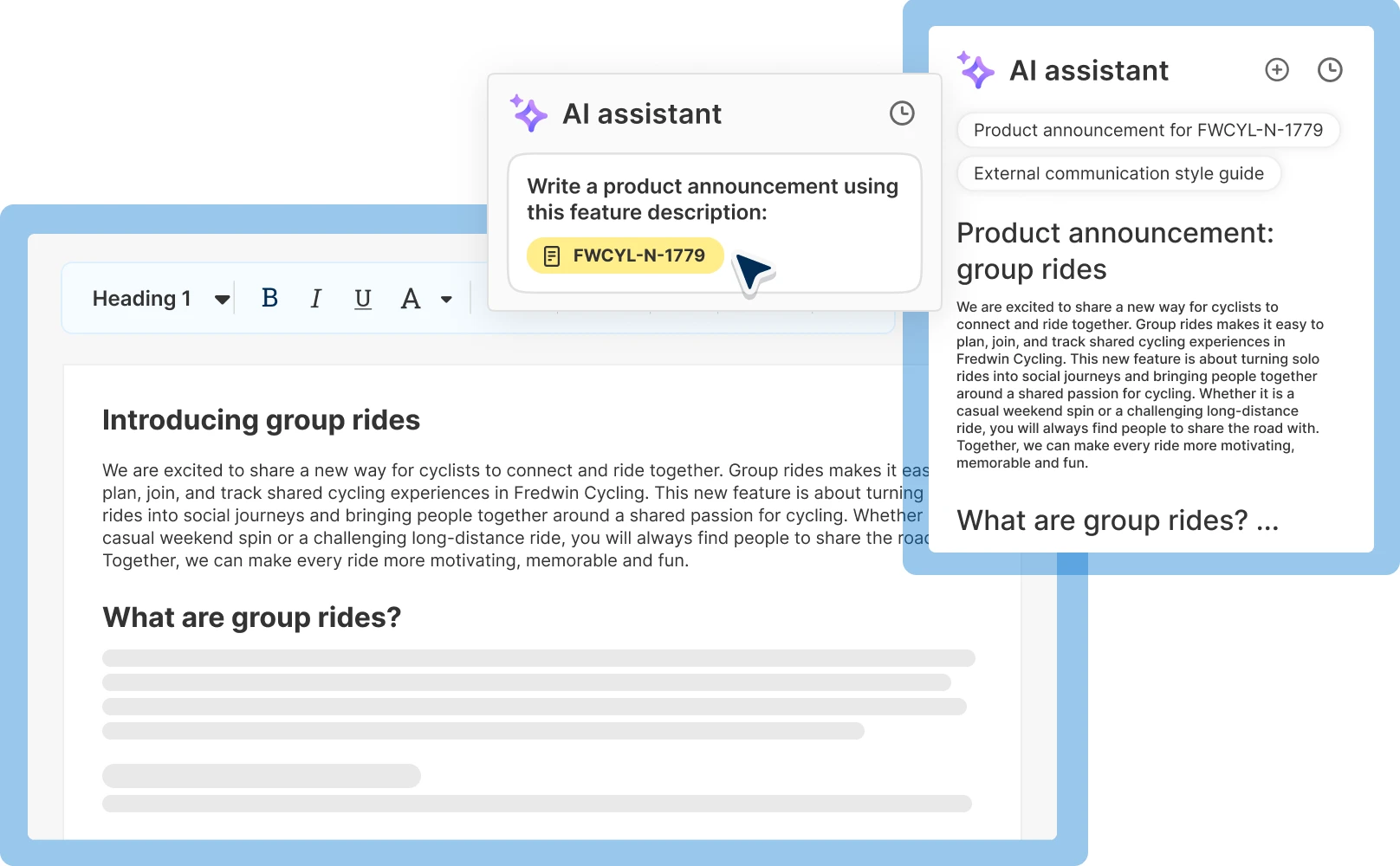 An image of the built-in AI writing assistant in Aha! product documentation software