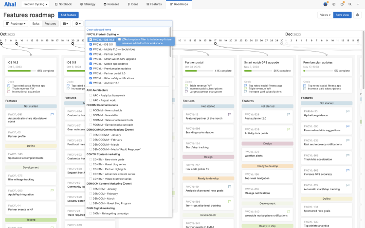 Features roadmap with releases filter expanded, showing option to auto-update the filter to include new releases added.