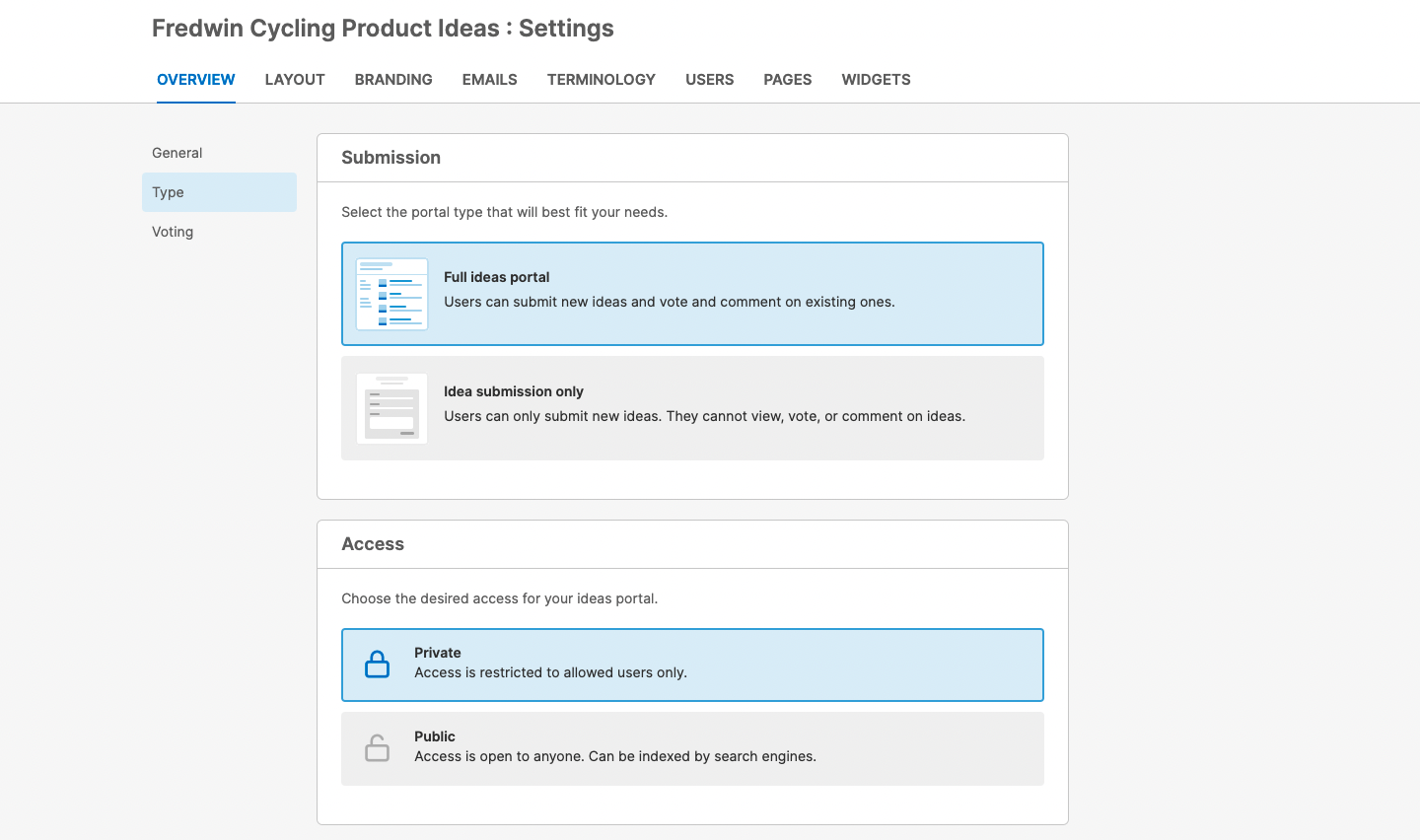 create a private or public ideas portal from your portal settings