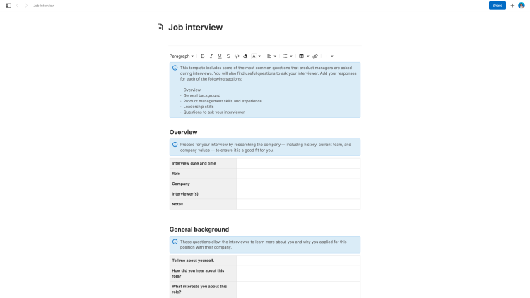 Screenshot of job interview template from Aha! Knowledge