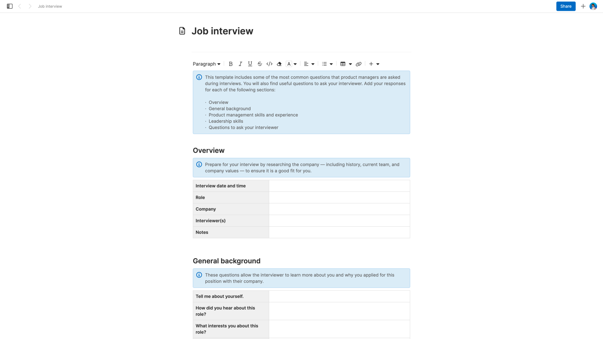Screenshot of job interview template from Aha! Notebooks
