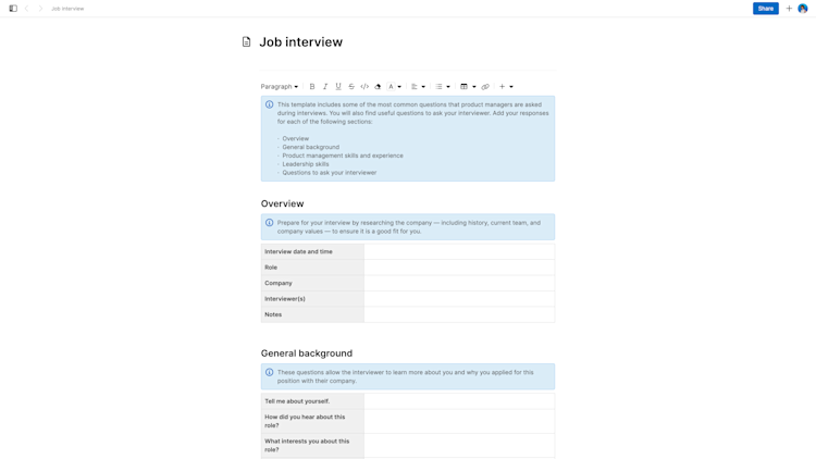 Screenshot of job interview template from Aha! Knowledge