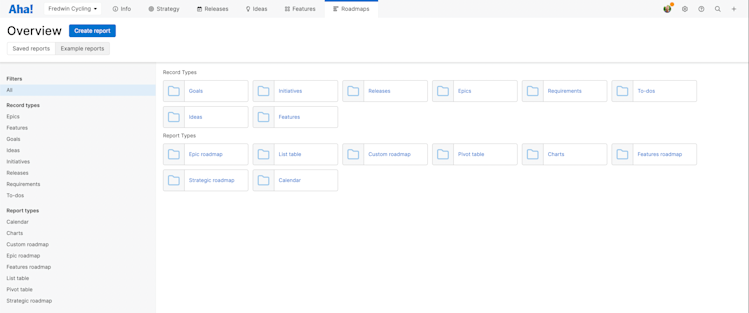 The example reports overview page in Aha! Roadmaps
