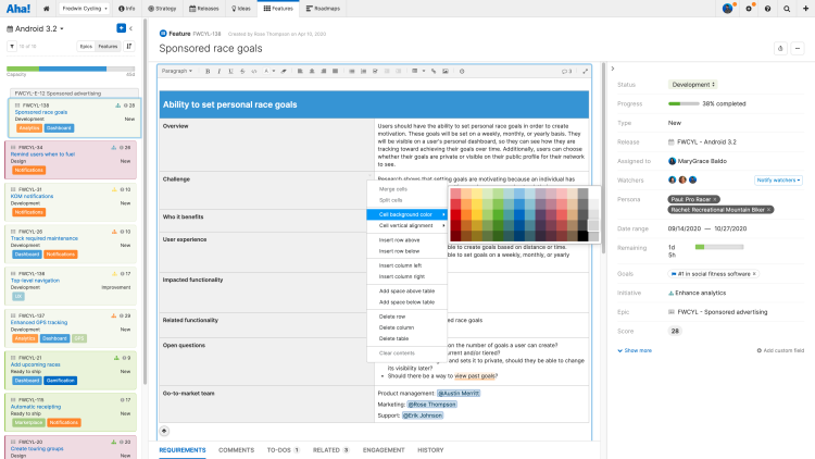 Text editor showing the ability to color cells in a table.