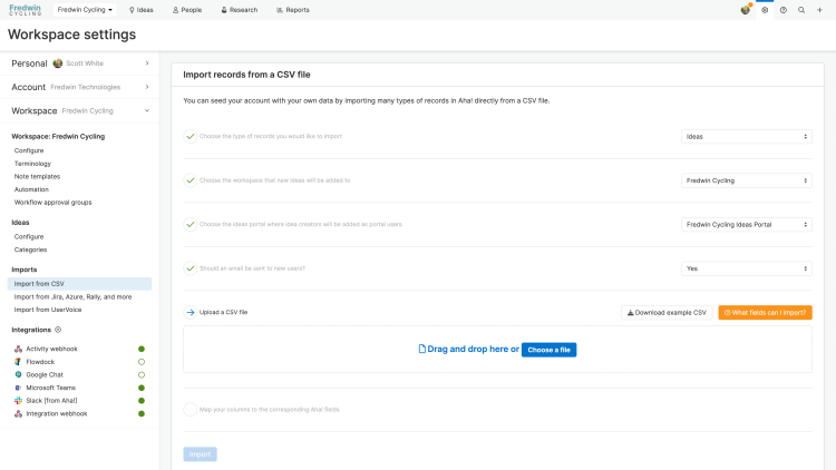 Import records from a CSV file within workspace settings in Aha! Ideas