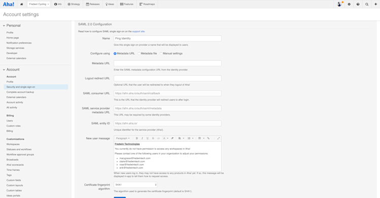 Configure single sign-on with Ping Identity in your Aha! account settings.