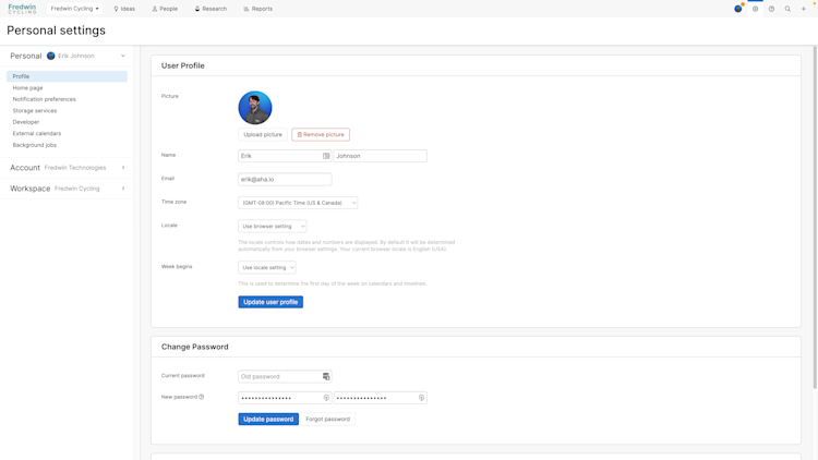 The profile section of personal settings in Aha! Ideas