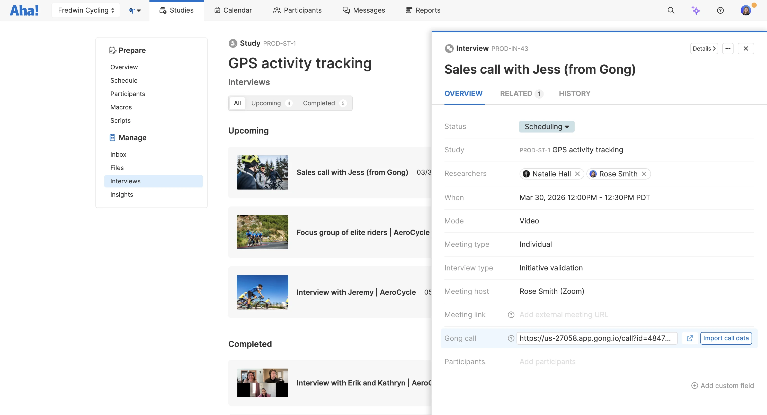 Gong call link in interview record in Aha! Discovery