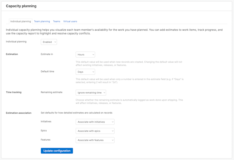 Workspace-level capacity planning settings