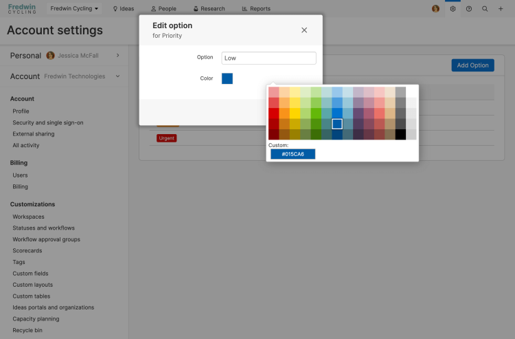 Edit predefined choice label colors modal in front of custom field settings.