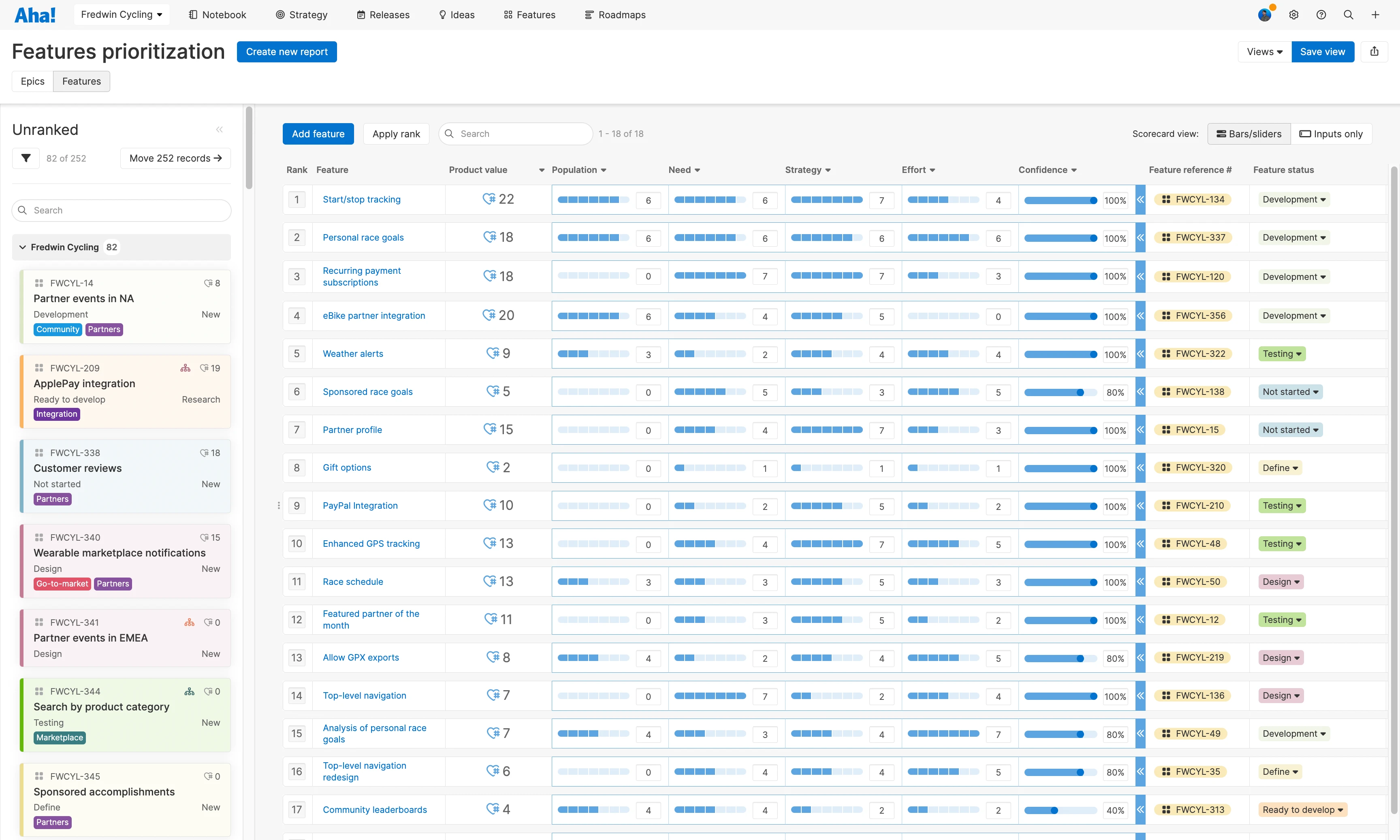 Features prioritization page in Aha! Roadmaps