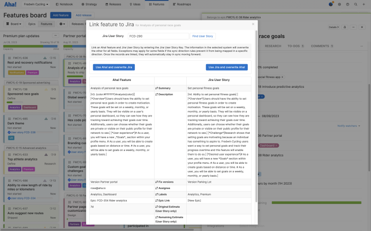 Link feature to Jira and overwrite information in Aha! Roadmaps