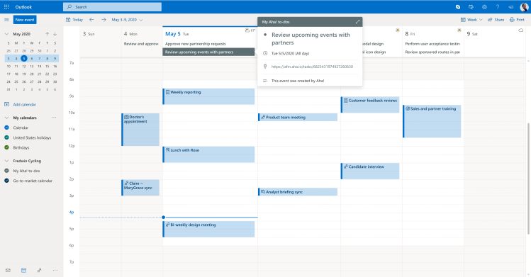 Microsoft Outlook Calendar integration with Aha!