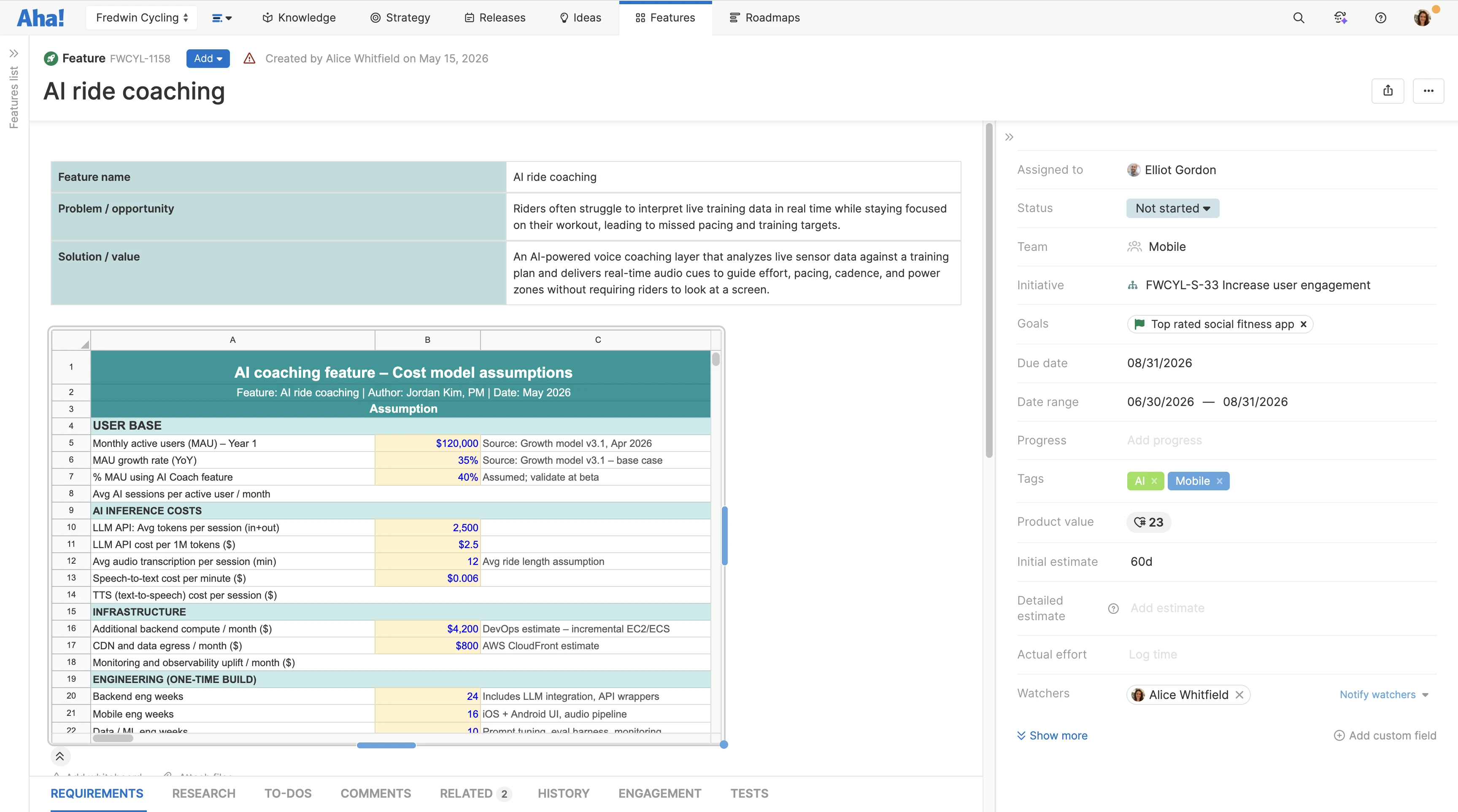 Create live spreadsheets in Aha! software.