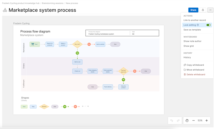 a whiteboard with the more options menu and lock editing toggled on