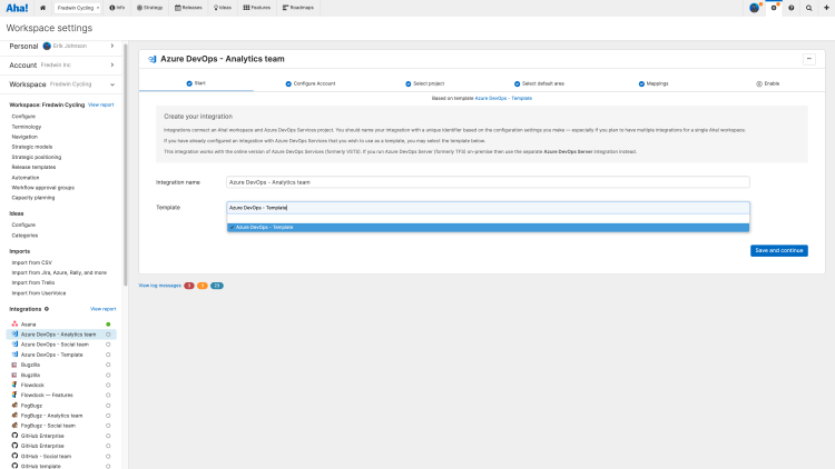 Azure DevOps integration configuration showing the integration template selection.