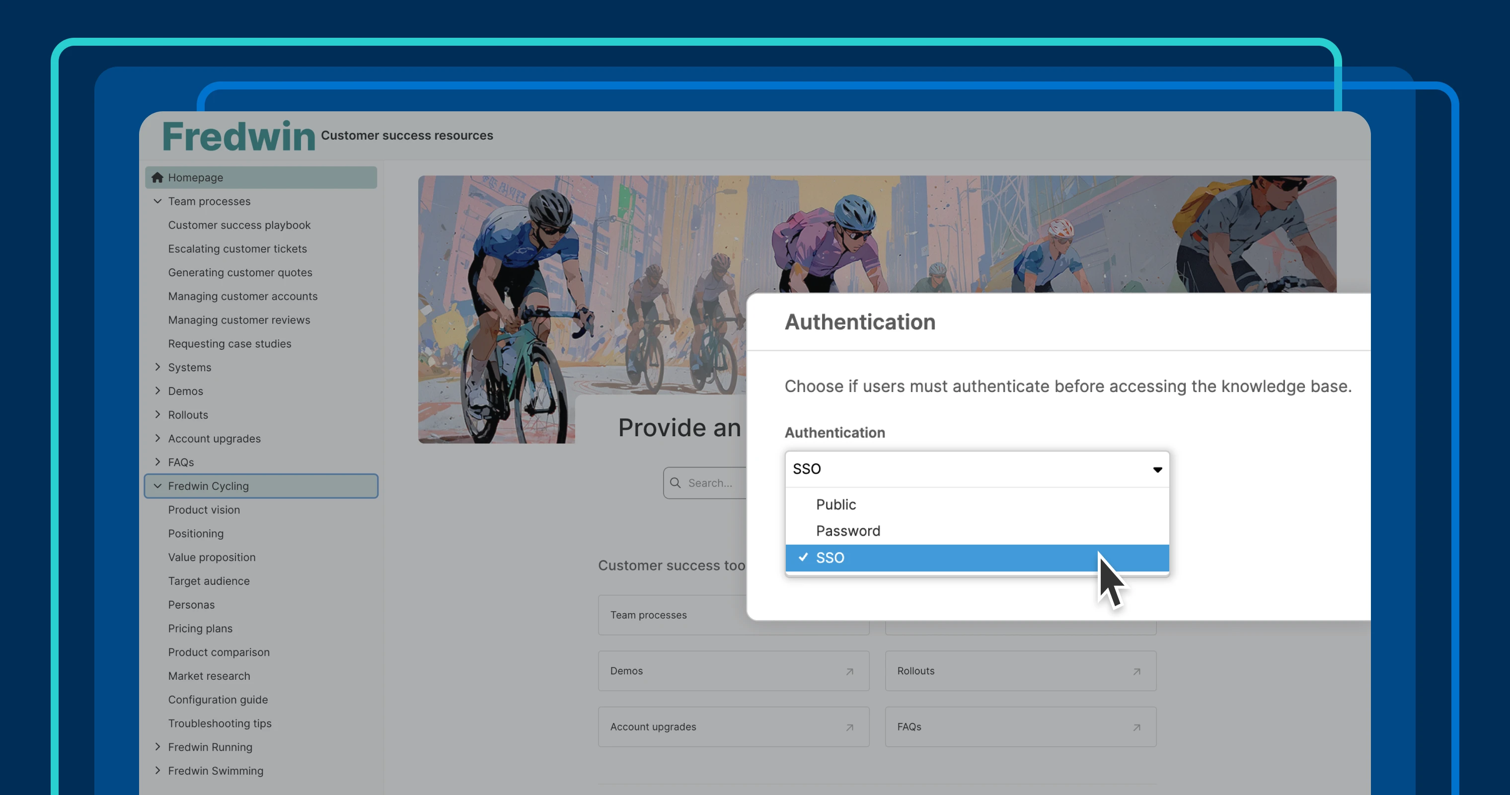 a knowledge base with authentication settings shown over it, with SSO selected as the authentication method