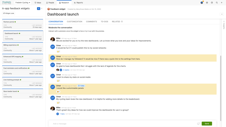 Analyze in-app feedback widget insights with starred messages and key learnings