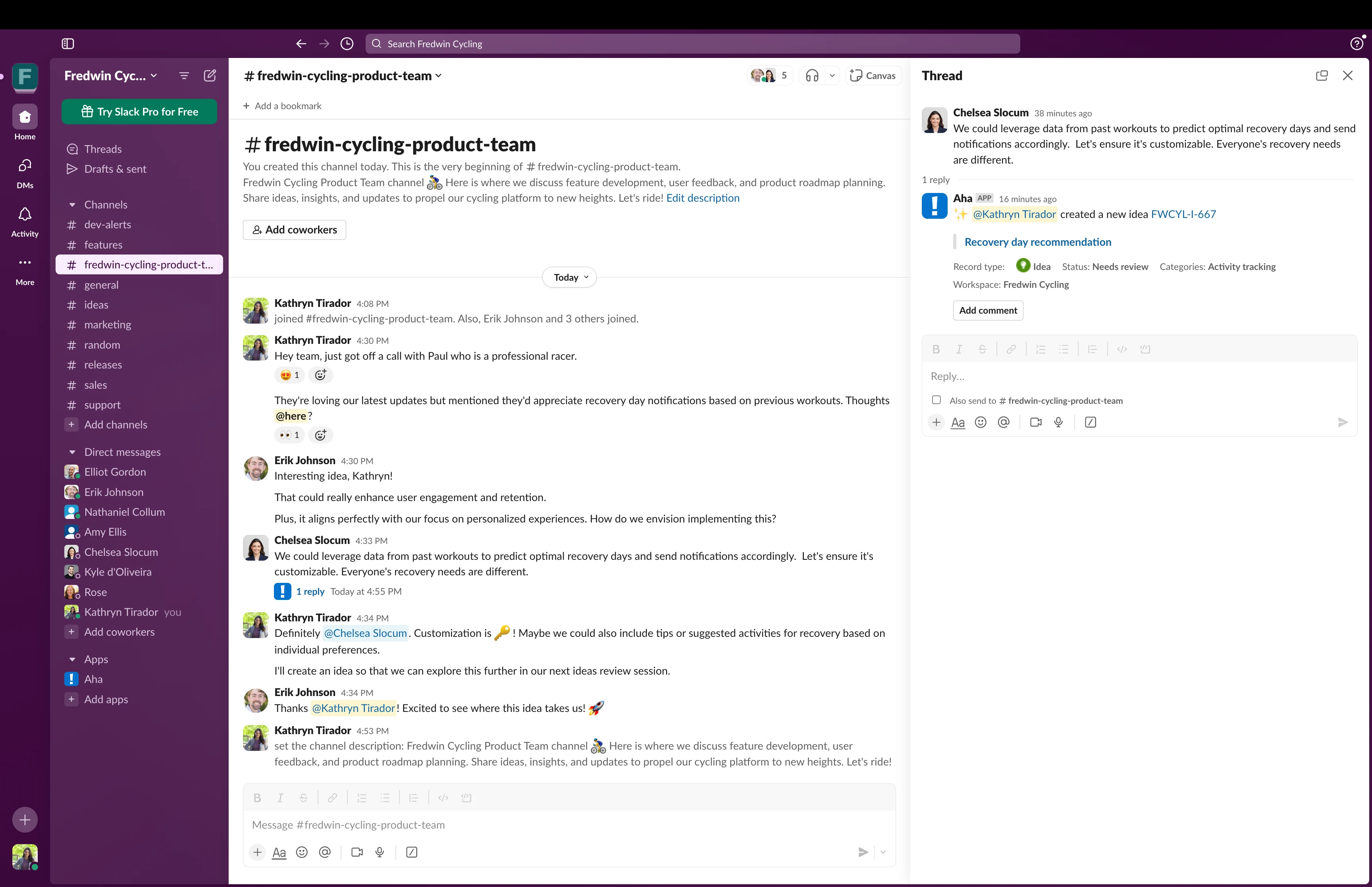 Slack conversation discussing a new Aha! idea, and a thread open showing the idea's creation.