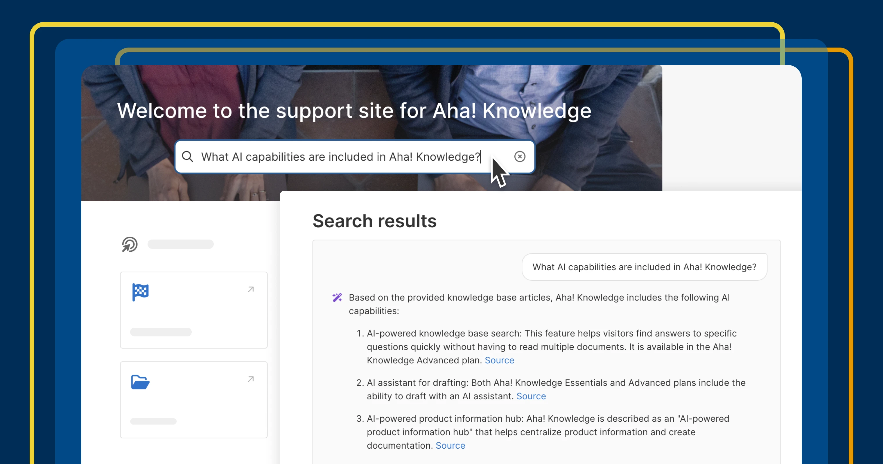 Search results for the Aha! Knowledge knowledge base with an AI summary