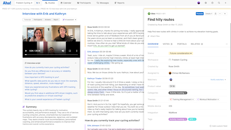 An interview in Aha! Discovery with a customer transcript and open idea drawer