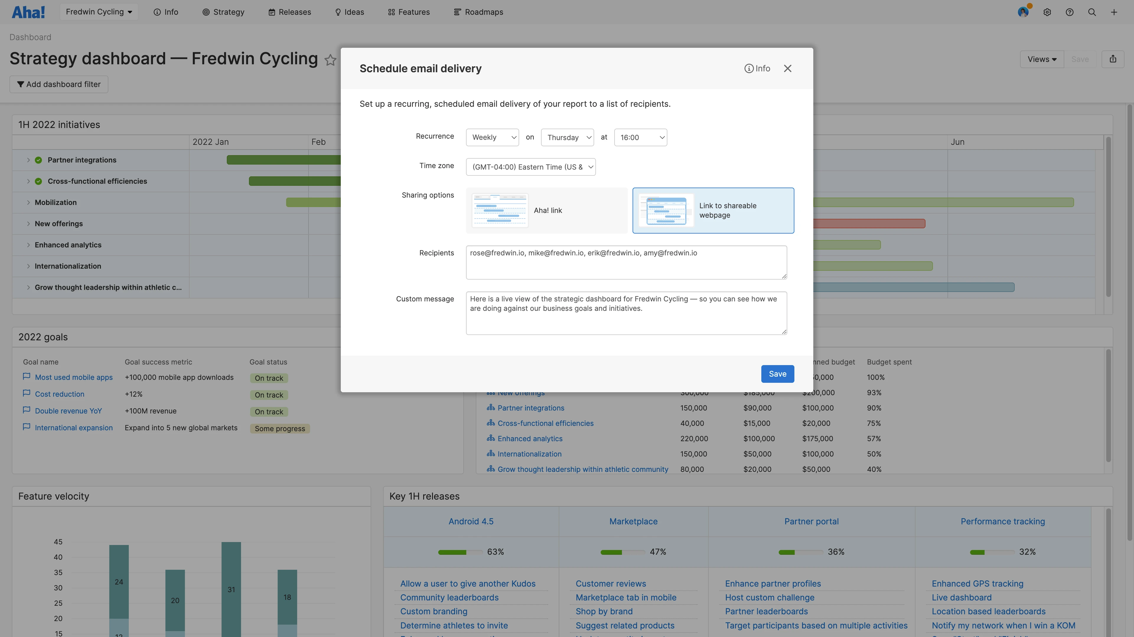Schedule any saved view in Aha! software for delivery via email.