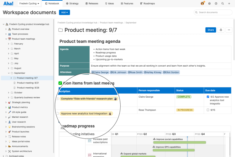 A to-do link embedded in a note in Aha! software