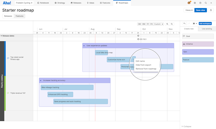 Starter roadmap with the more options menu expanded on a release.