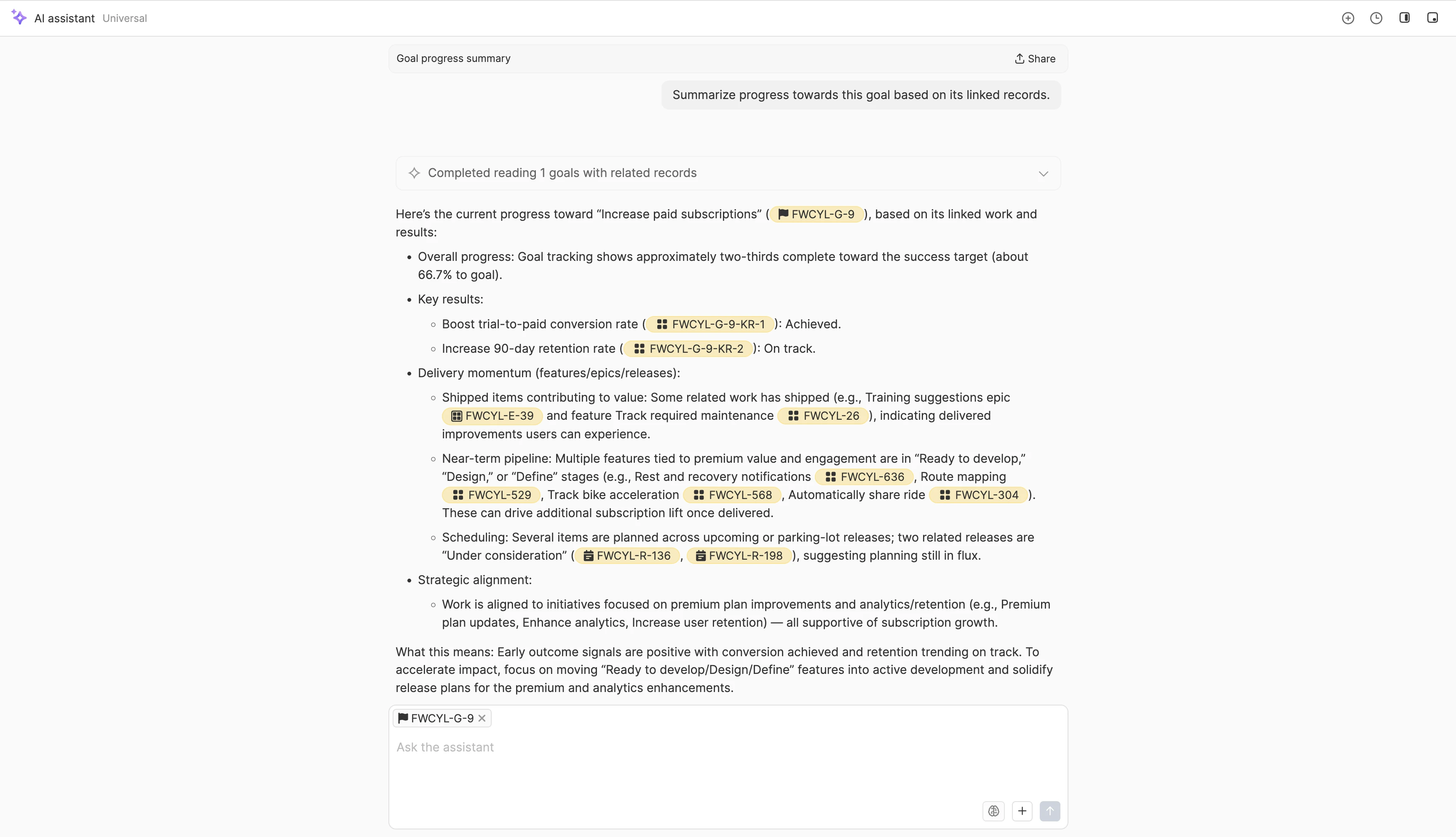 The AI assistant in Aha! software summarizing progress toward goals based on linked records