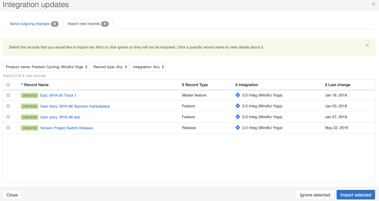 Integration updates modal showing four updates to import.