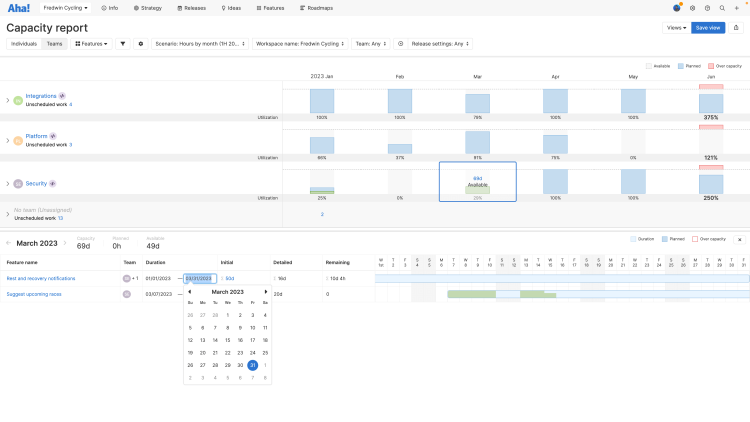 Team capacity report showing the timeline view with the Duration modal open.