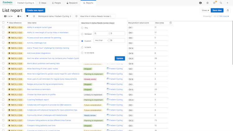 a list report of ideas with a time in status filter applied