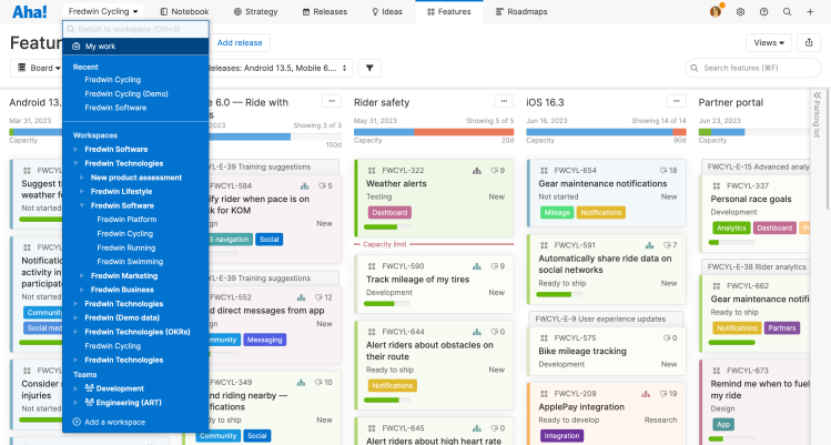 Workspace hierarchy dropdown in front of the features board showing the My work page link at top.