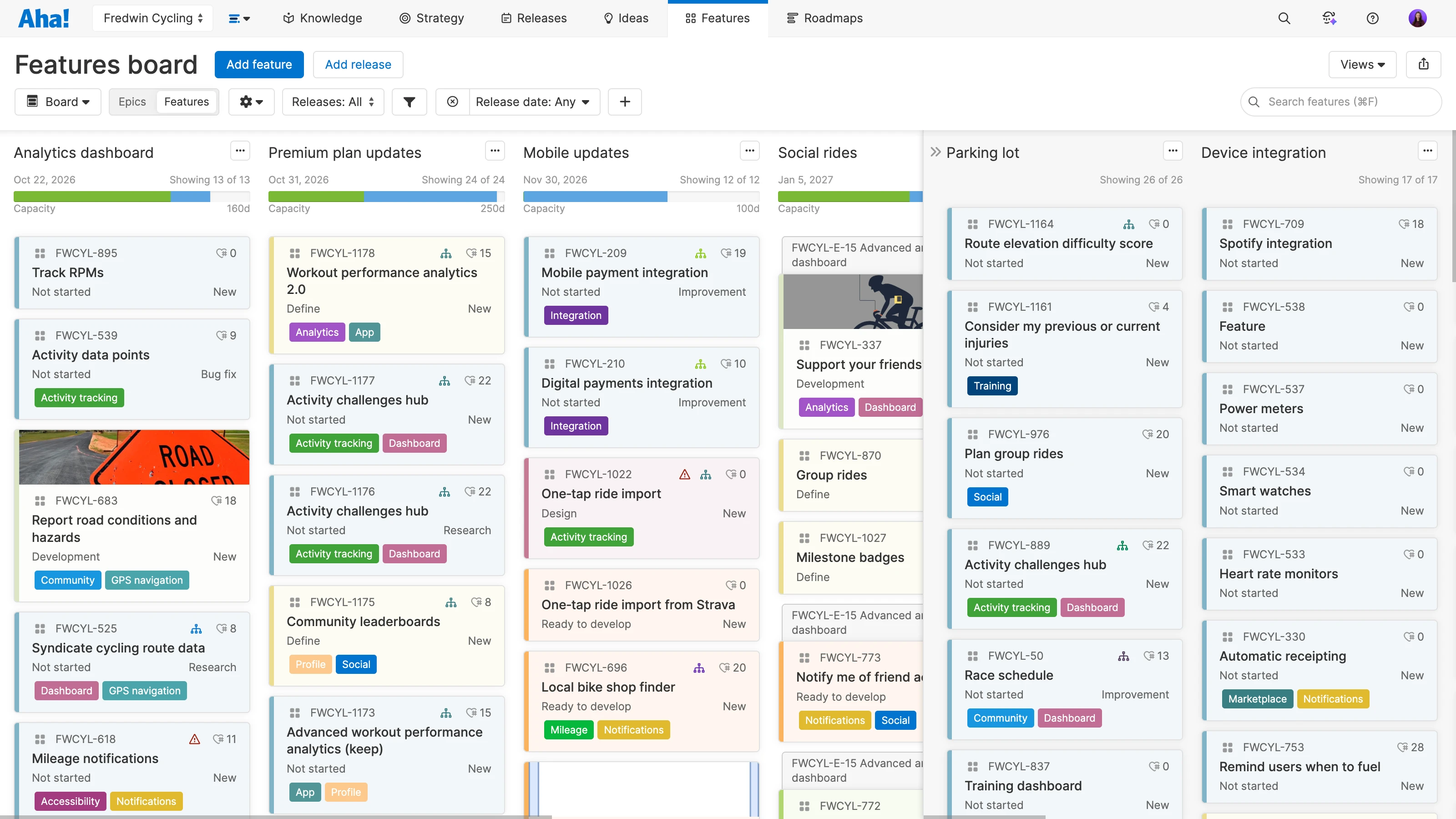 A features board showing all of the releases for a company called Fredwin Cycling in Aha! Roadmaps