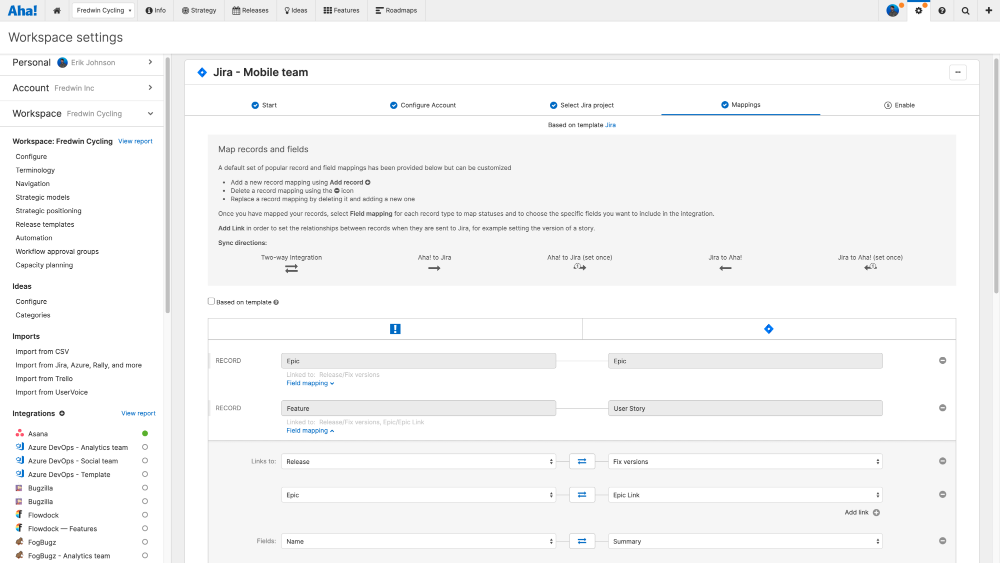 The field mapping step of a Jira integration configuration, including the field mapping 