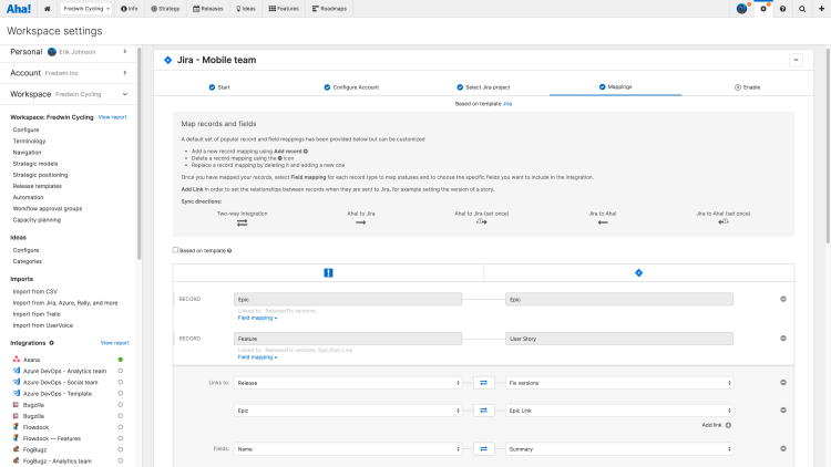 The field mapping step of a Jira integration configuration, including the field mapping "links to" option. 