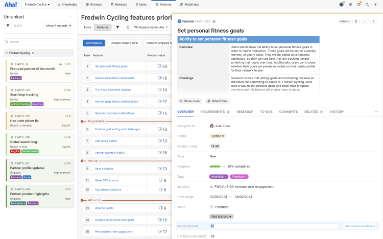 Features prioritization board with feature drawer open, highlighting initial estimate field