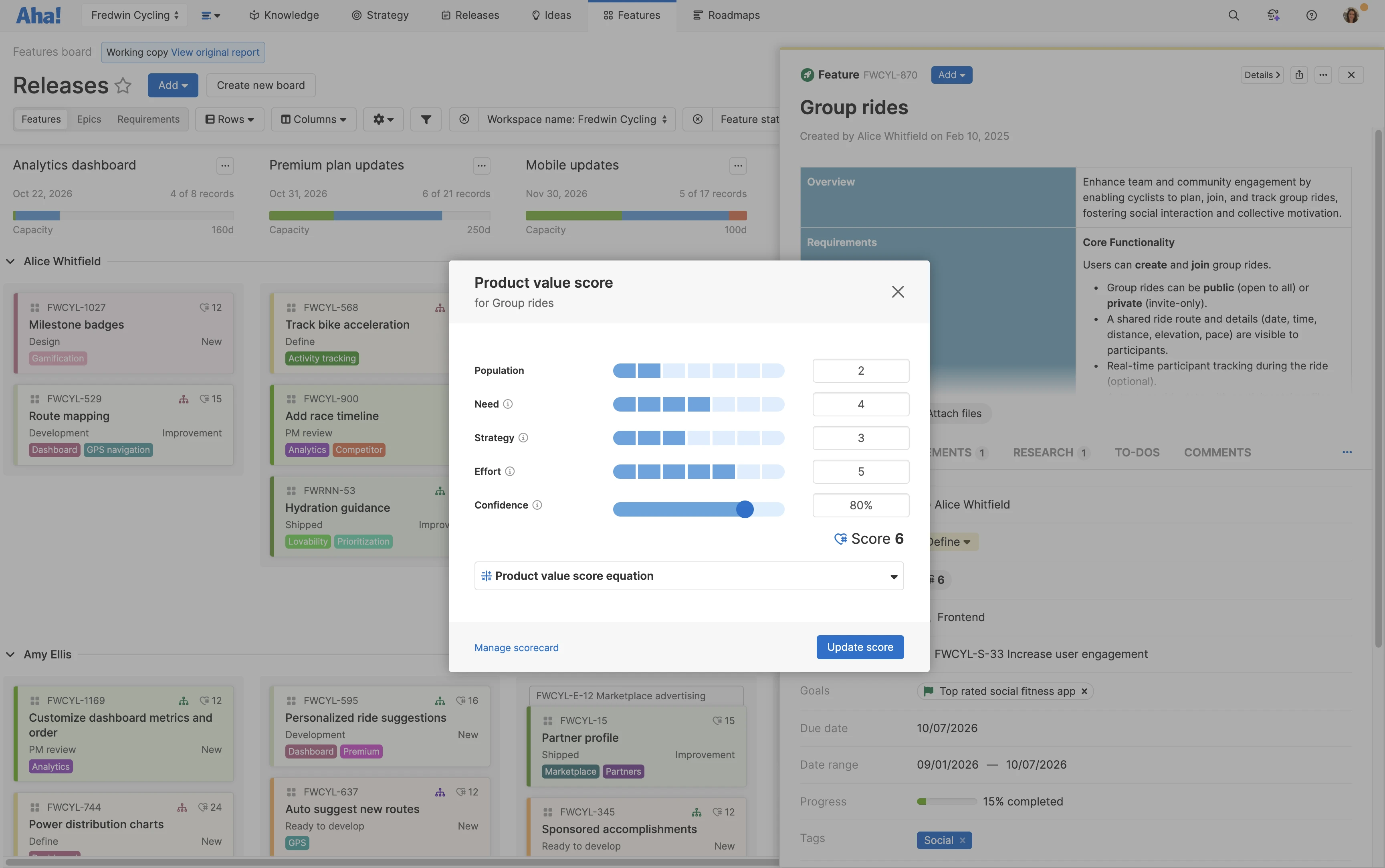 Score features based on value with the product value scorecard in Aha! Roadmaps