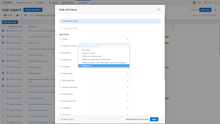 a list report with the bulk editing modal open and idea visibility options displayed