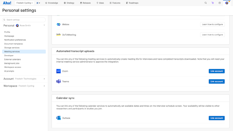 Aha! Discovery integration options with Zoom, Microsoft Teams, and Microsoft Outlook