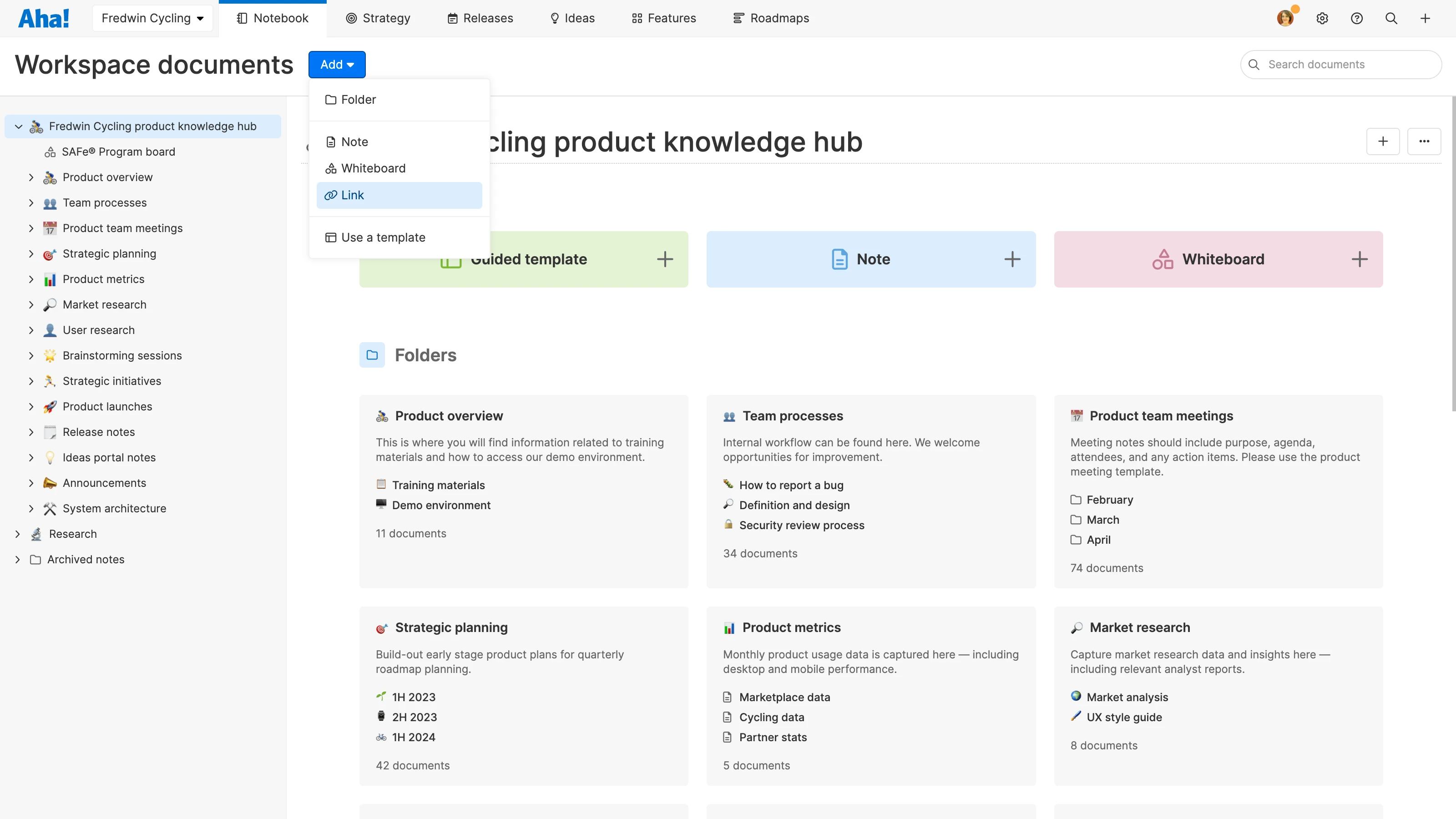 Adding a link to the document list in Aha! Roadmaps