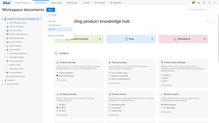 Adding a link to the document list in Aha! Roadmaps