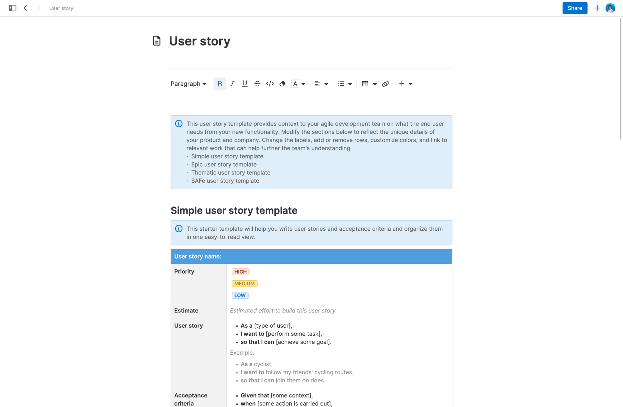 User story note template in Aha! Roadmaps