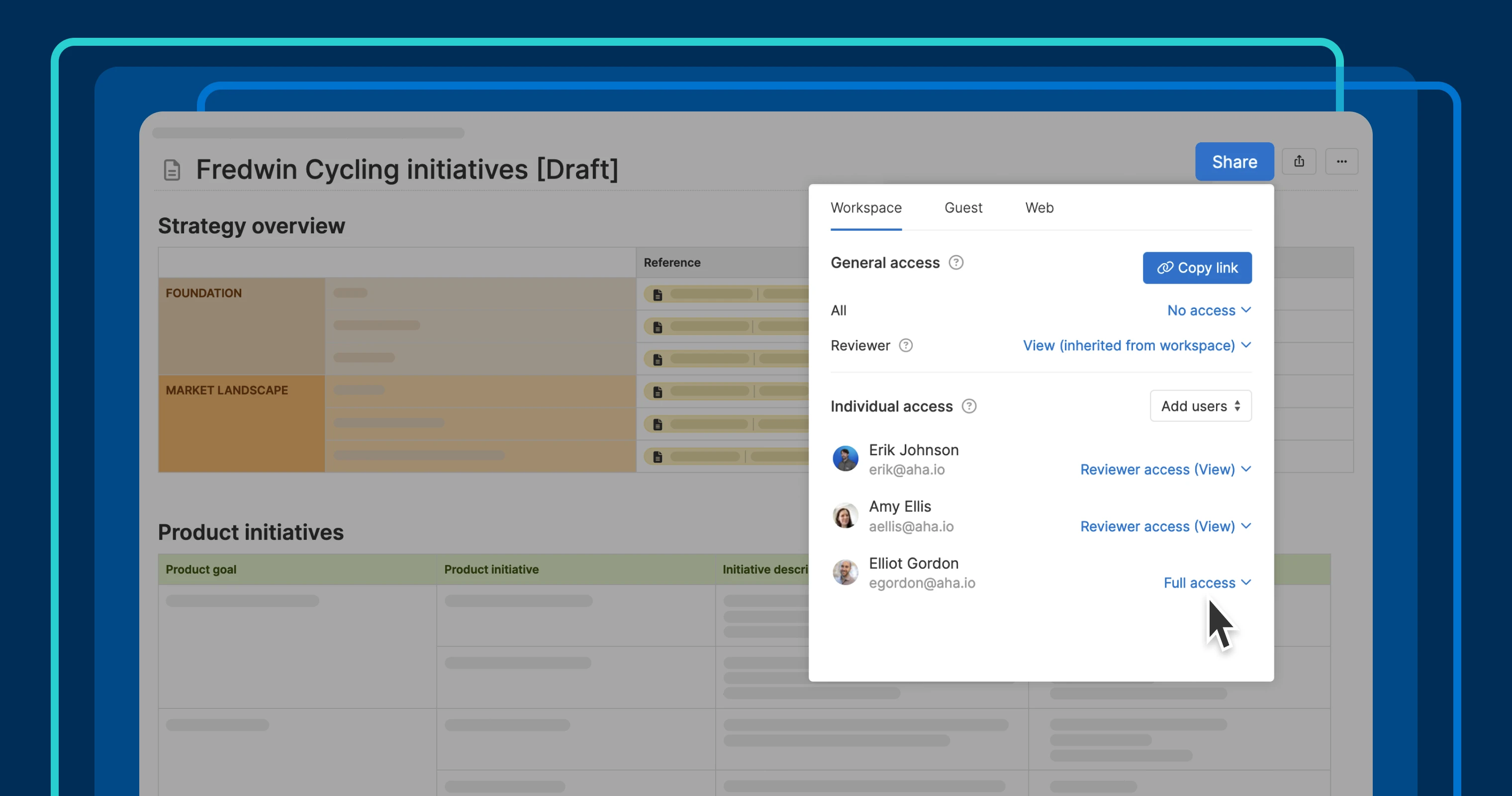 a document with the Sharing menu open to Workspace access permissions