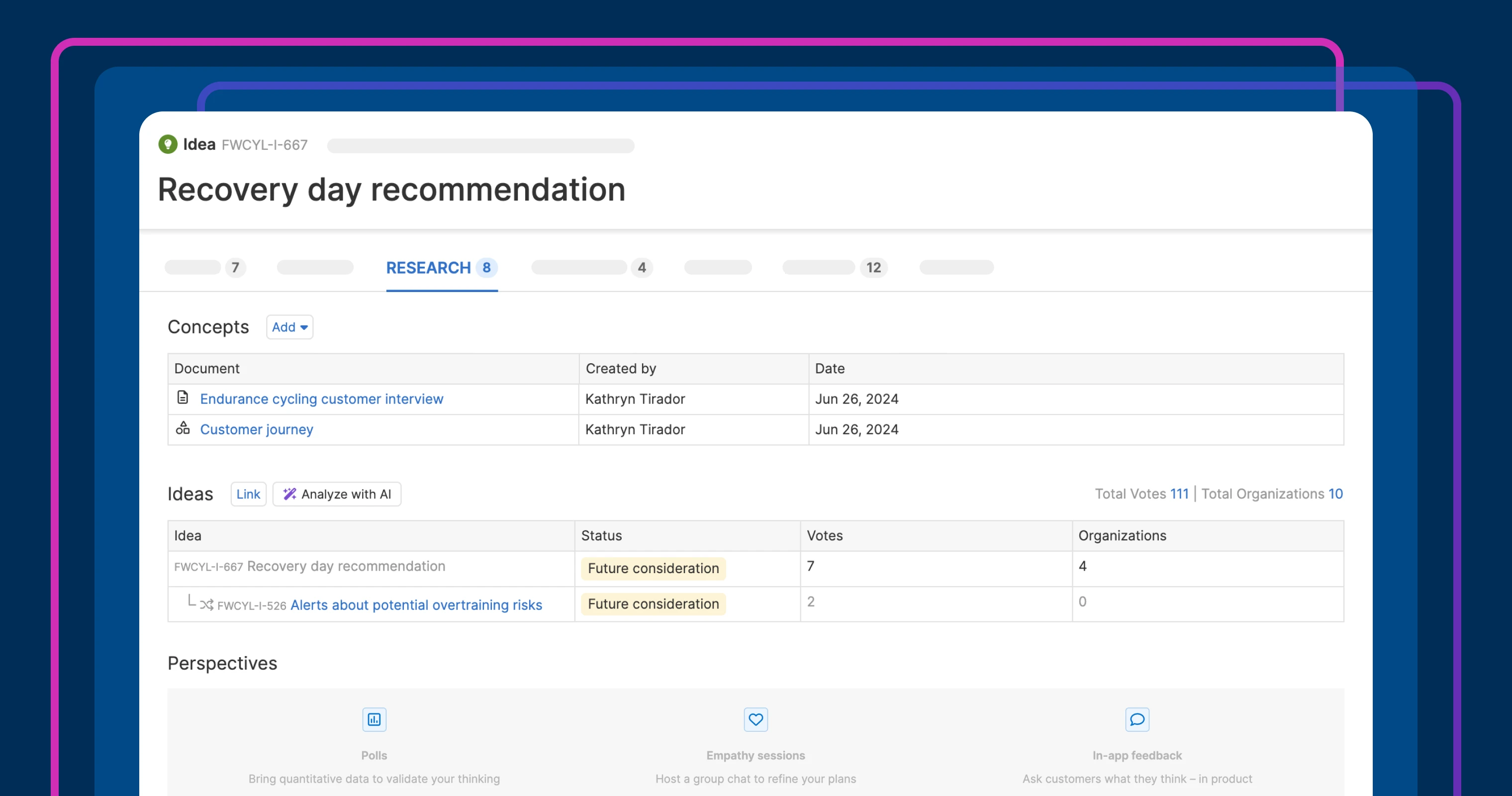 the research tab on an idea in Aha! ideas
