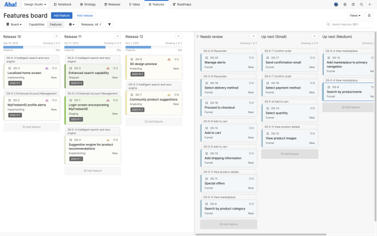 Features board using SAFe in Aha! Roadmaps